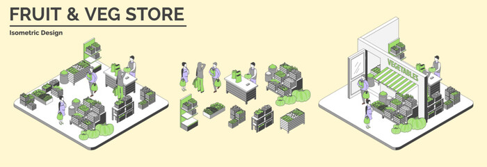 Fototapeta premium Cartoon Color Vegetables and Fruits Store with Separate Set Interior Inside Shop Concept 3d Isometric View Line Elements. Vector illustration