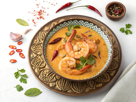Chingri Malai Curry prawn curry on decorative plate, Bengali cuisine, isolated on white background
