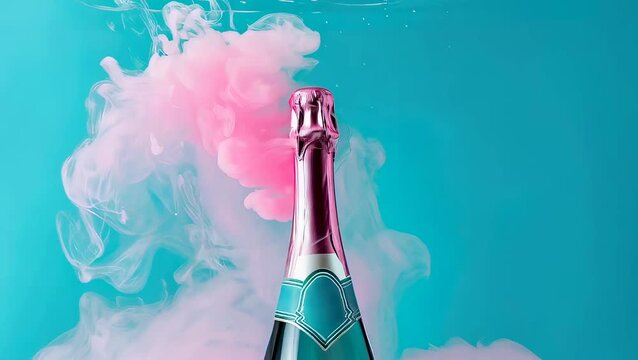 Pink smoke erupting from a glass bottle of sparkling wine on a blue background. Abstract liquid splash concept for celebratory drink marketing and advertisement.