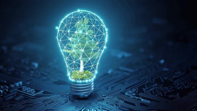 A digital light bulb glowing with a vibrant green seedling inside. ..Created with Generative AI, not depicting real subjects.