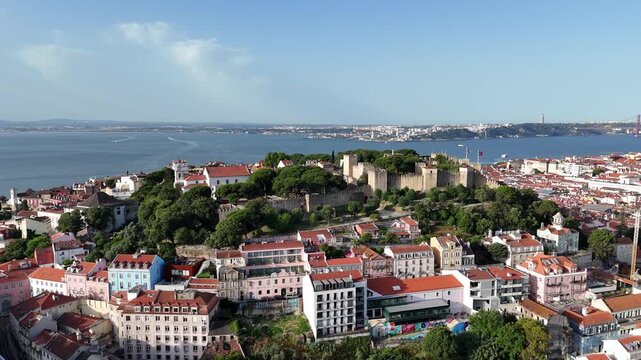 Drone Orbit Around S&atilde;o Jorge Castle Above Lisbon