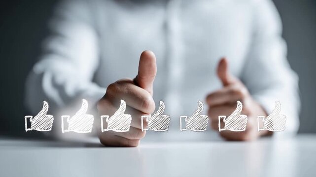 A person gives a double thumbs up, indicating satisfaction and approval, with a row of glowing thumbs-up icons in a modern, clean setting. ..Created with Generative AI, not depicting real subjects.