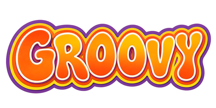 Vibrant "Groovy" text typography radiating 1970s retro design vibes with layered orange and yellow gradient lettering bordered by purple and yellow outlines perfect for nostalgic themes. expressive ty