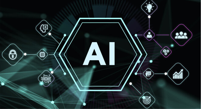 Artificial intelligence concept with glowing icons and hexagonal network connections on dark background