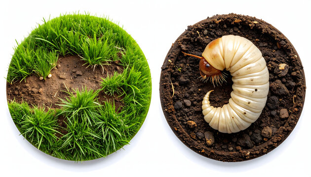 The silent destroyer of lawns a visual representation of a white grub and the characteristic root damage it inflicts on a vibrant green turf