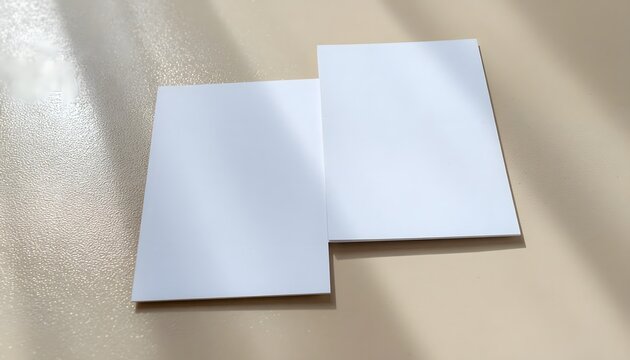 Two blank white cards are placed on a light beige surface, with soft shadows from unseen objects creating a gentle, minimalist aesthetic.