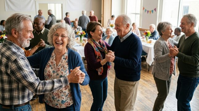 Joyful elderly people dancing together at community social gathering hall enjoying active lifestyle retirement fun togetherness.