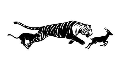 Tiger Chasing Deer Wildlife Silhouette Vector Illustration for Nature Concept © Keyapayal