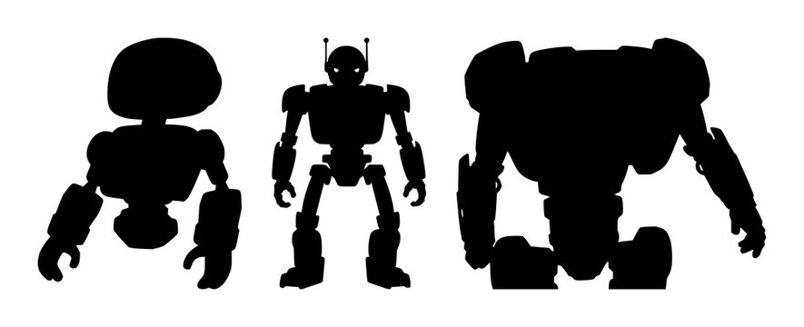 Robot silhouette set with high-contrast black negative design featuring robotics, technology, sci-fi with black and white illustration and vector style