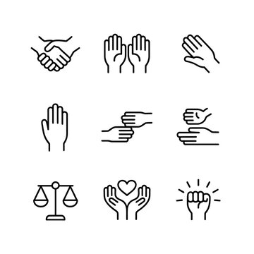Set of diverse hand gesture icons representing various human interactions and emotions