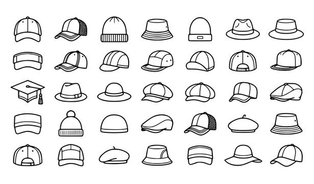 Hat and Cap Outline Icon Collection Vector Set for Fashion Design