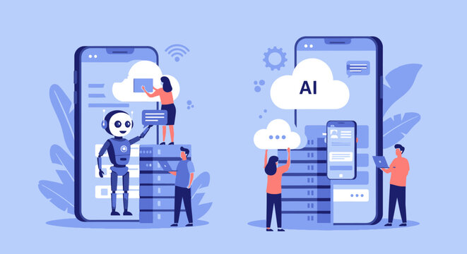 AI robots managing cloud servers and data center.