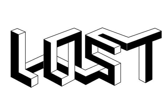 Trippy optical illusion typography spelling the word 'LOST' in an impossible geometric configuration evoking feelings of confusion disorientation and the perplexing nature of being adrift in abstract 