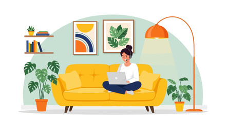 Obraz premium Woman working on laptop in living room, remote work concept, home office