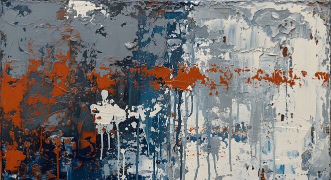 Abstract Textured Painting with Vibrant Blue and Rust Accents on Weathered Background