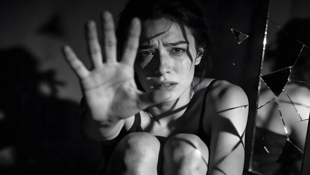 Emotional black and white portrait of a crying young woman raising her hand to stop, sitting on the floor in fear next to a shattered broken mirror with dramatic shadow patterns