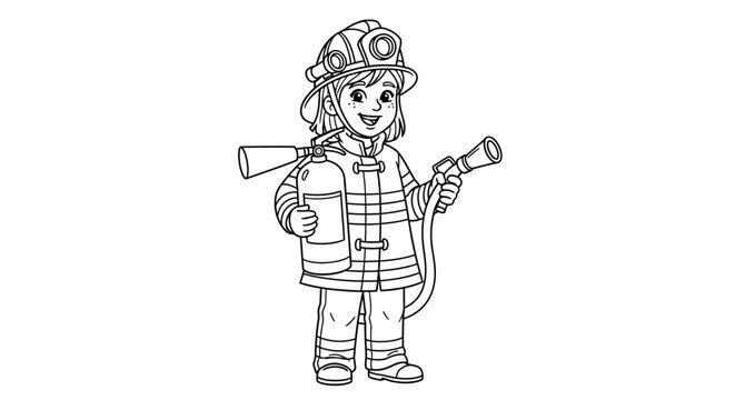 Little girl dressed as firefighter, fire safety concept, illustration