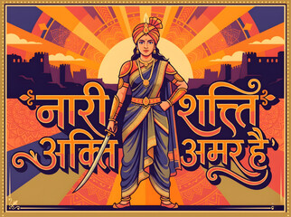 Fototapeta premium Vibrant Flat Vector Poster Art of Rani Lakshmi Bai with Inspirational Hindi Typography