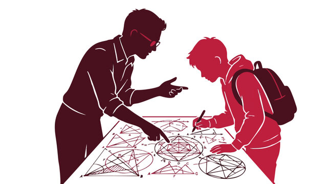 Silhouette of a teacher explaining geometry to a student at a desk with mathematical diagrams and shapes isolated on white background
