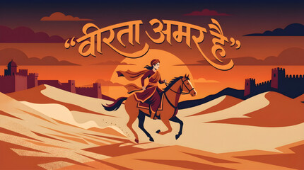 Fototapeta premium Desert Warrior Flat Vector Portrait of Rani Lakshmi Bai with Dynamic Hindi Typography