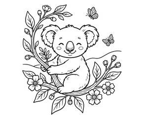 Happy koala on flowering tree branch coloring page, adorable woodland scene for kids. © ArifulIslam