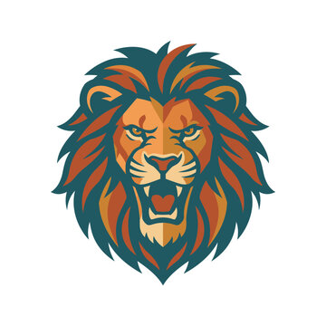 Roaring lion head mascot with colorful mane on white background.