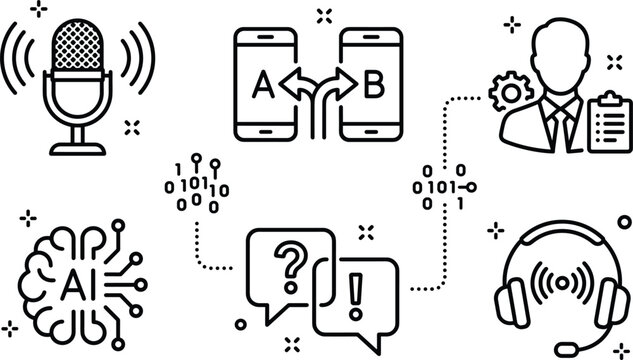 Artificial intelligence voice assistant icon set with microphone brain technology headphones chat bubbles smartphone data processing line vectors