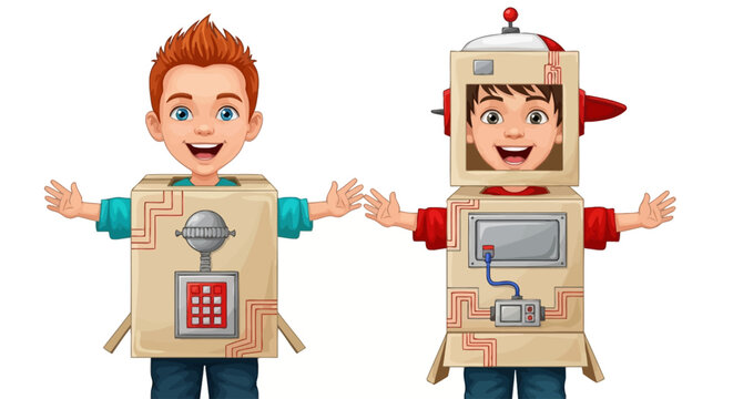 Two happy kids wearing cardboard robot costumes, playful children, halloween or carnival concept, fun background