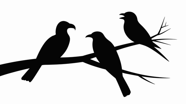 Three black silhouette birds perched on a tree branch