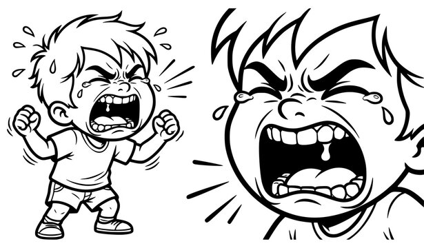 Angry Crying Child Cartoon Black and White Illustration for Emotion Concept