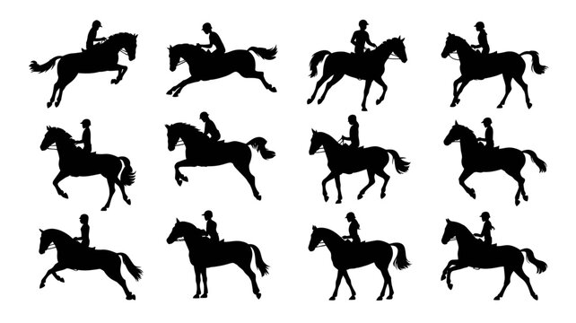 Equestrian silhouettes of riders jumping horses in mid-air
