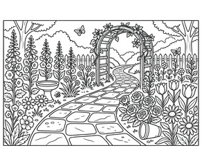 Beautiful garden archway coloring page with stone path and blooming roses for adult therapy. © ArifulIslam