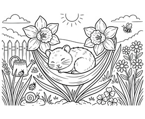 Fototapeta premium Small hamster sleeping in hammock outdoors surrounded by flowers, coloring book page.