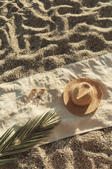 Naklejka premium Straw hat, sunglasses, towel, on beach sand background. Aesthetic lifestyle, summer vacation concept. Sunbathing, beach party, picnic on summer holiday. Travel fashionable blog, social media.