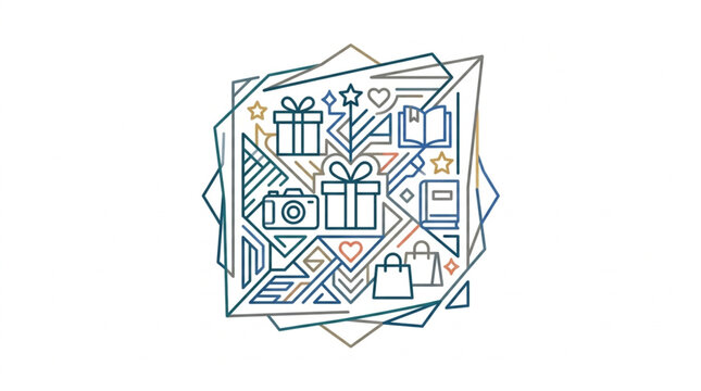 Abstract geometric pattern with gift boxes and shopping bags.