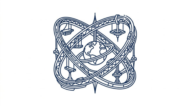 Abstract roller coaster loop around a stylized globe illustration.