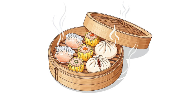Steaming bamboo dim sum steamer with assorted dumplings