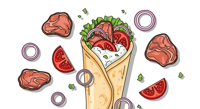 Delicious Doner Kebab with Meat Tomato Onion and Lettuce