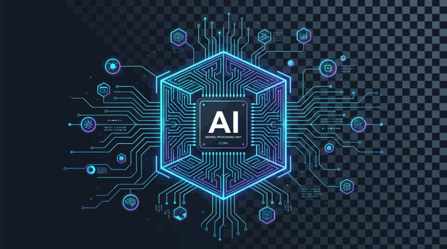 Abstract ai neural network graphic with glowing blue circuits and futuristic tech symbols on dark background