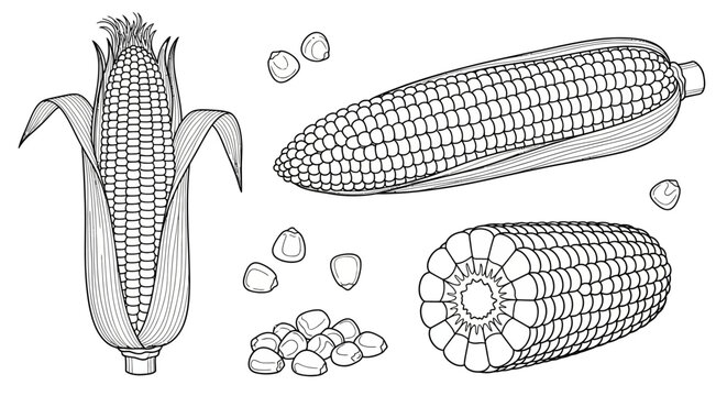 Illustration of corn, corn on the cob, kernels, and corn husk, agricultural concept, food background