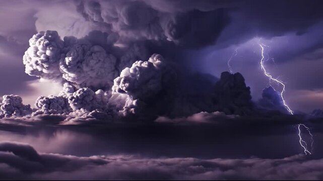 Storm clouds dark sky dramatic timelapse, purple grey clouds churning with distant lightning flashes, powerful moody sky background loop, dramatic storm footage for video editors.