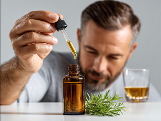Fototapeta premium Man holds glass dropper above brown bottle, preparing to extract liquid. glass of liquid and sprig of greenery are nearby, creating natural and focused