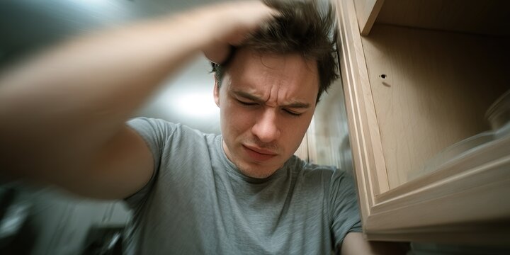 Man in Gray T-Shirt Looking Inside Wooden Cabinet