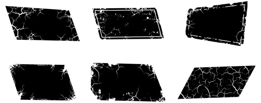 Set of black grunge textured vector shapes featuring weathered borders and cracked surfaces for creative designs