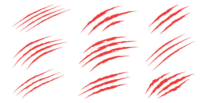 Set of red animal claw scratch marks and wild monster slash tears isolated on white background vector illustration.