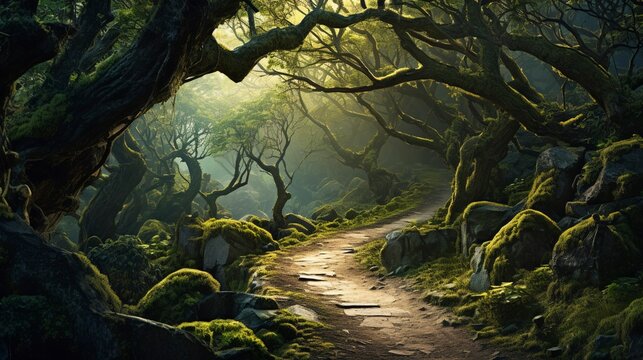 A photo of a winding forest path with overhanging branches.