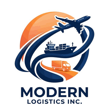 Logistics company logo with plane ship truck graphic on orange globe
