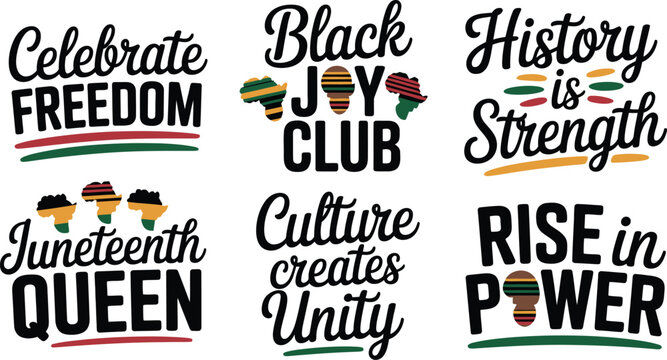 Set of six inspirational Juneteenth and Black History month quotes with colorful African map icons.