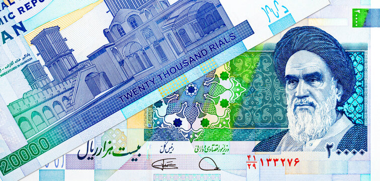 Iranian 20000 Rial banknote featuring the portrait of Grand Ayatollah Ruhollah Khomeini. Iranian national currency.