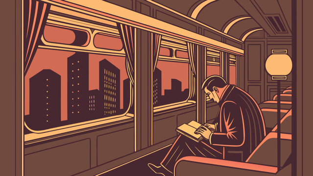 Businessman reads a book while sitting inside a classic train carriage during a night journey.